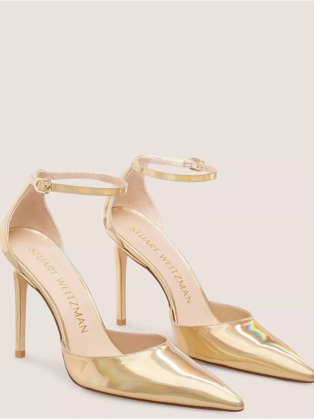 Stuart Weitzman 100 Gold Metallic Pointed-Toe Ankle-Strap Heels